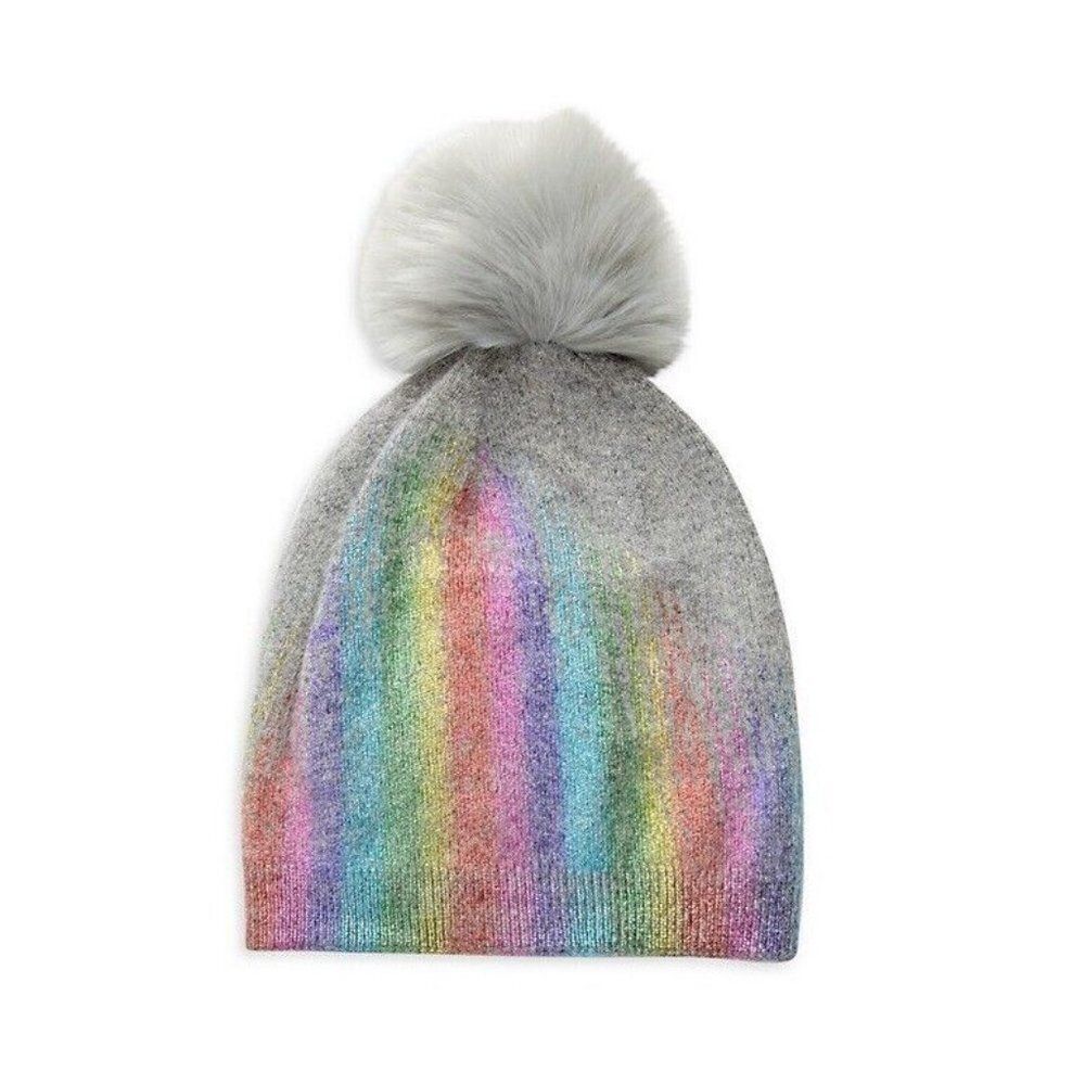 ADRIENNE LANDAU Gray Metallic Rainbow Faux Fur Pom Pom Beanie Hat